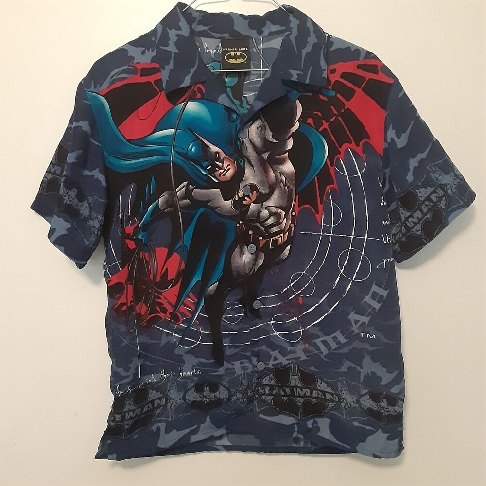 Vtg Batman Mens S Blue AOP Button Up Shirt Dc Comics Warner Bros